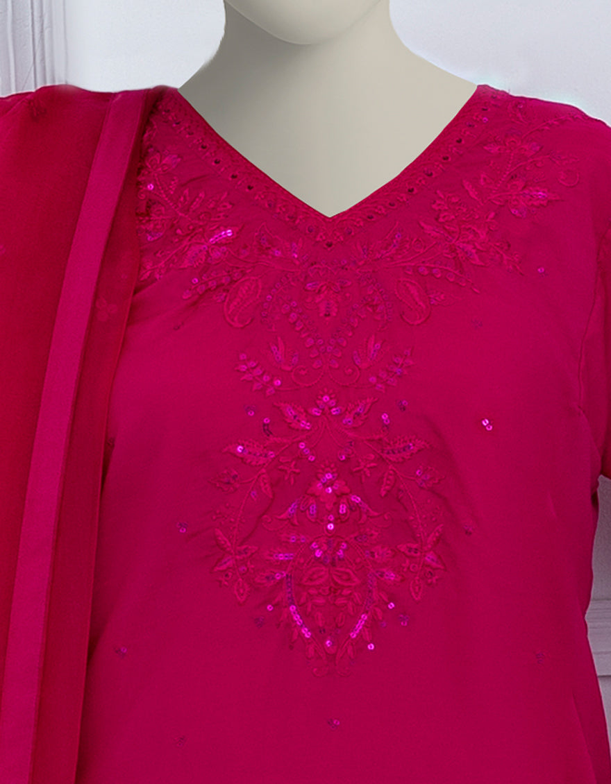 PINK RAW SILK EMBROIDERED STITCHED 3PC
