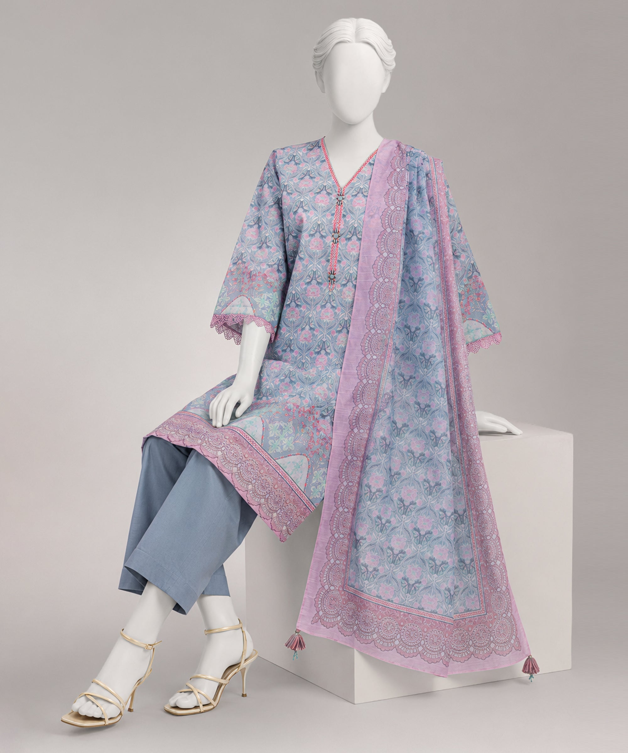 Blue Lawn Printed Zari Tar Unstitched 3Pc