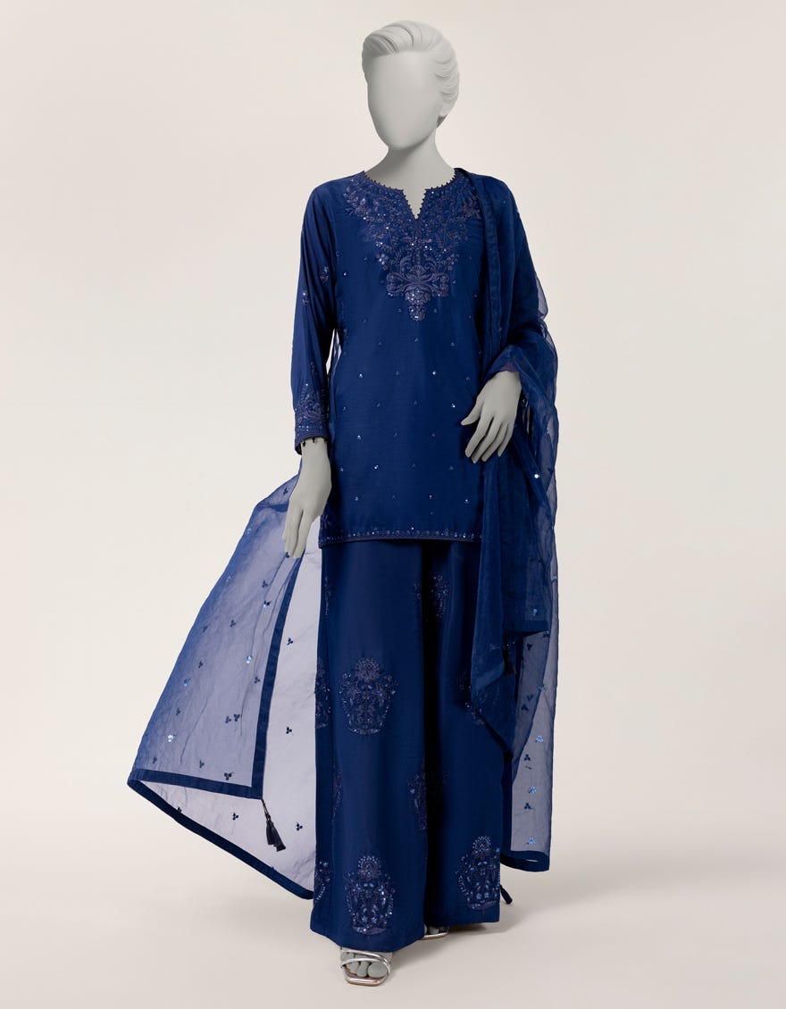 BLUE RAW SILK EMBROIDERED STITCHED 3PC