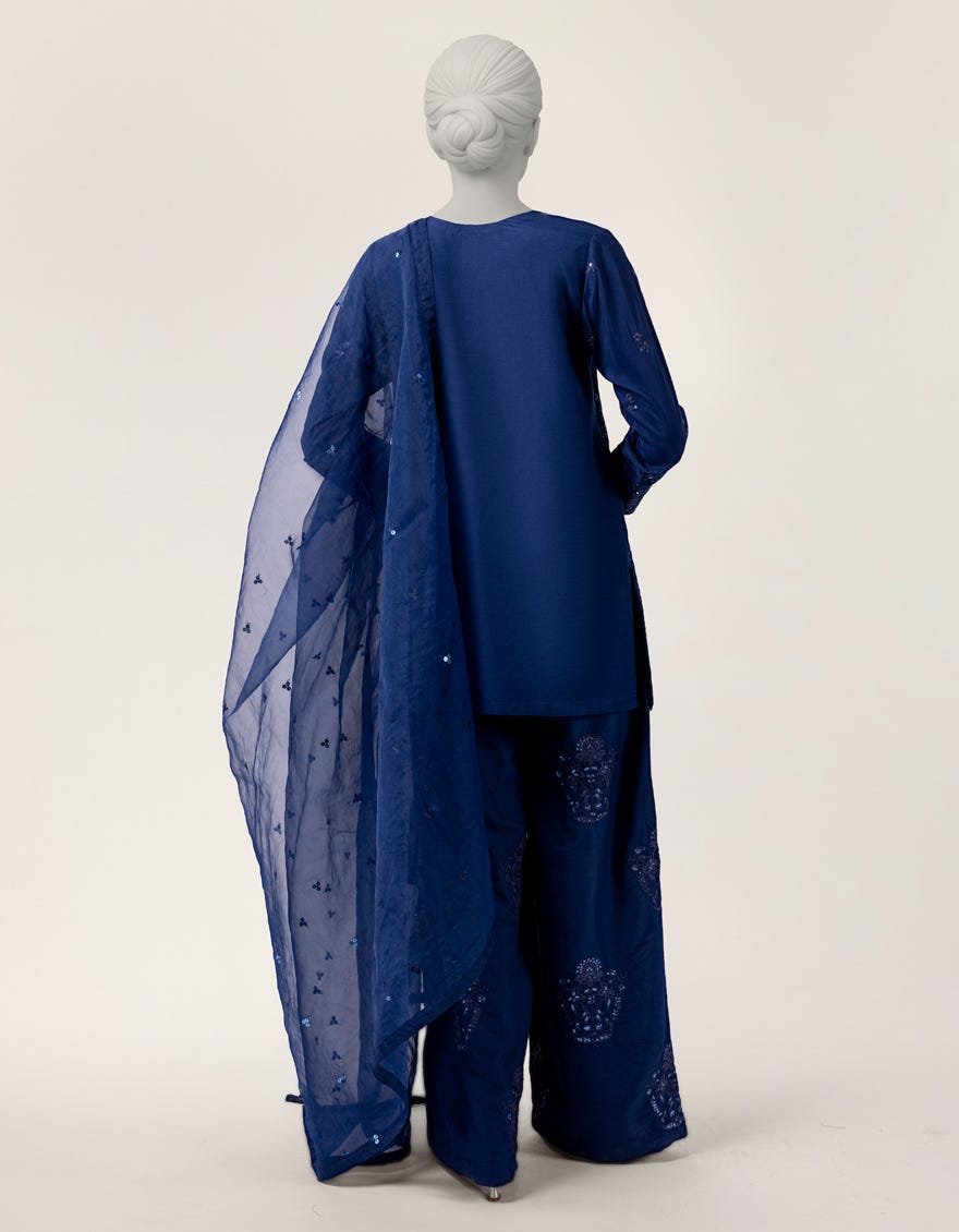BLUE RAW SILK EMBROIDERED STITCHED 3PC
