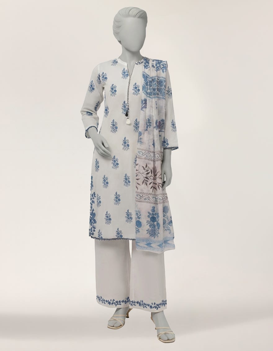 WHITE LAWN EMBROIDERED STITCHED 3PC