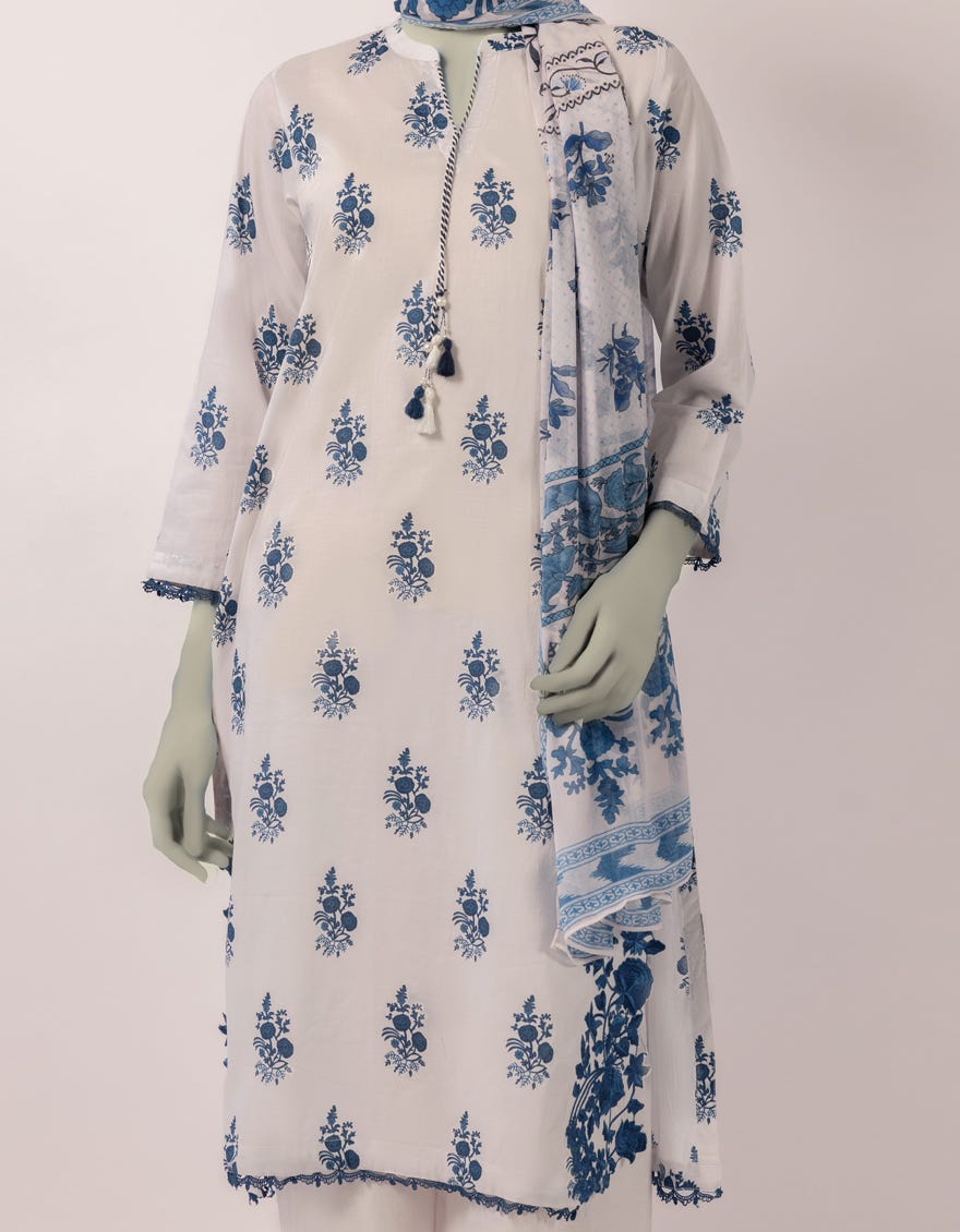 WHITE LAWN EMBROIDERED STITCHED 3PC