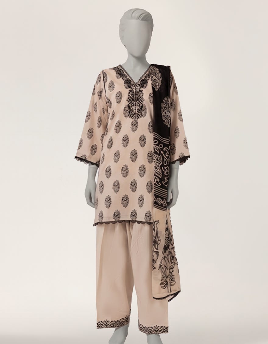 BEIGE LAWN EMBROIDERED STITCHED 3PC