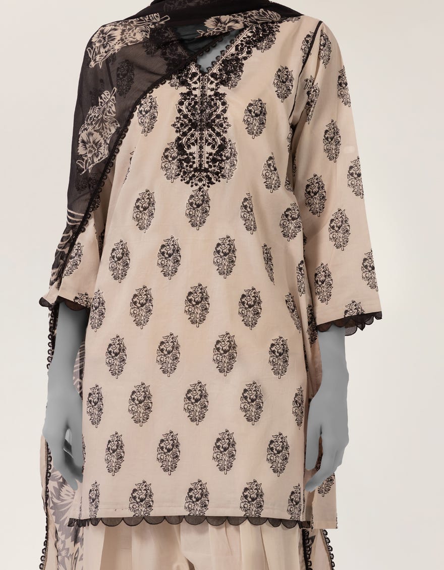 BEIGE LAWN EMBROIDERED STITCHED 3PC