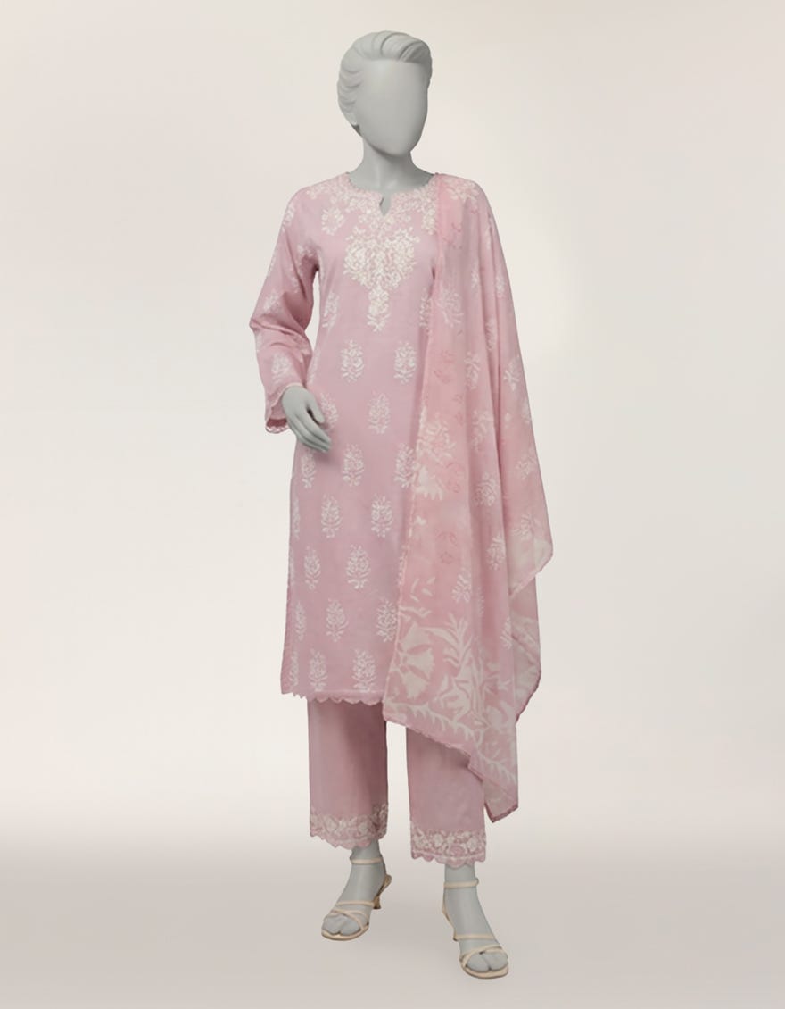 PINK LAWN EMBROIDERED STITCHED 3PC