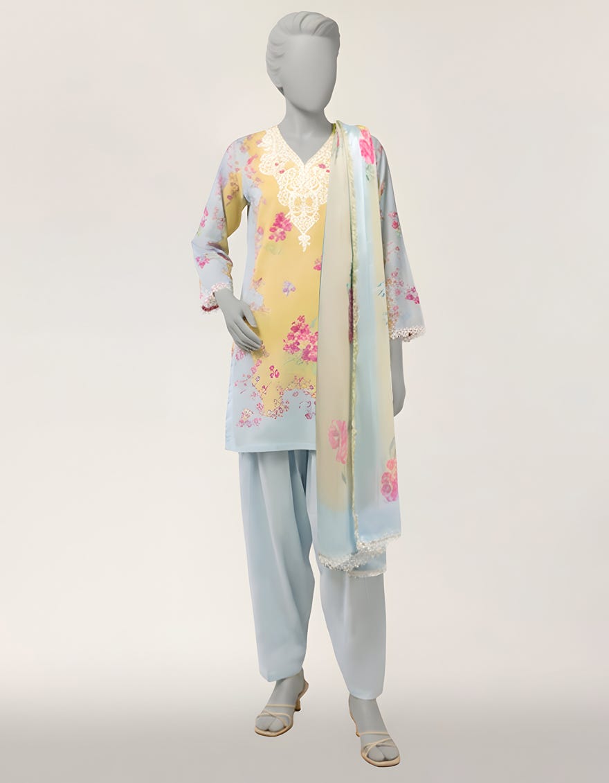 BLUE LAWN EMBROIDERED STITCHED 3PC