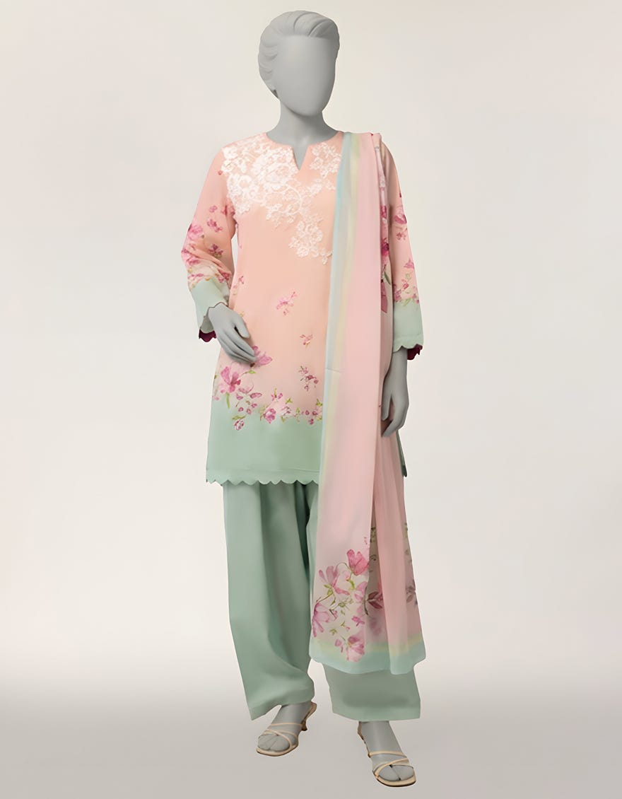 PINK LAWN EMBROIDERED STITCHED 3PC