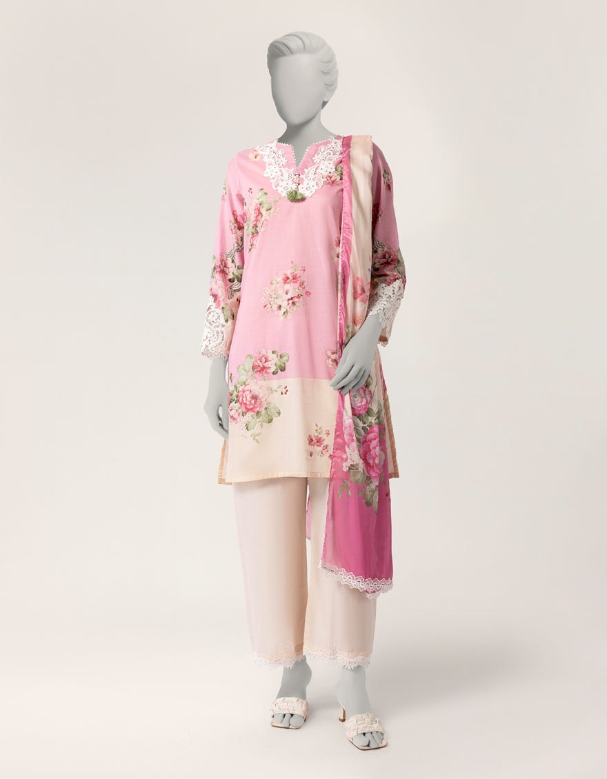PINK LAWN EMBROIDERED STITCHED 3PC