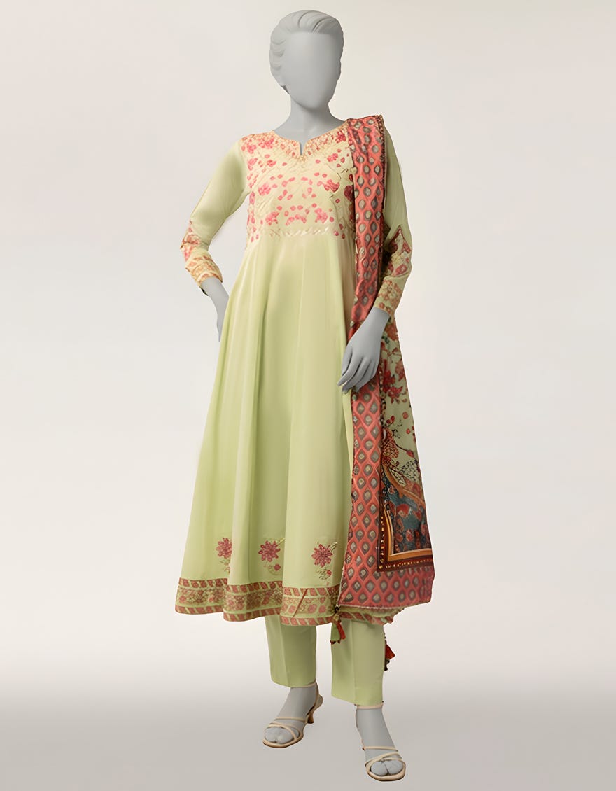 GREEN DOBBY EMBROIDERED STITCHED 3PC