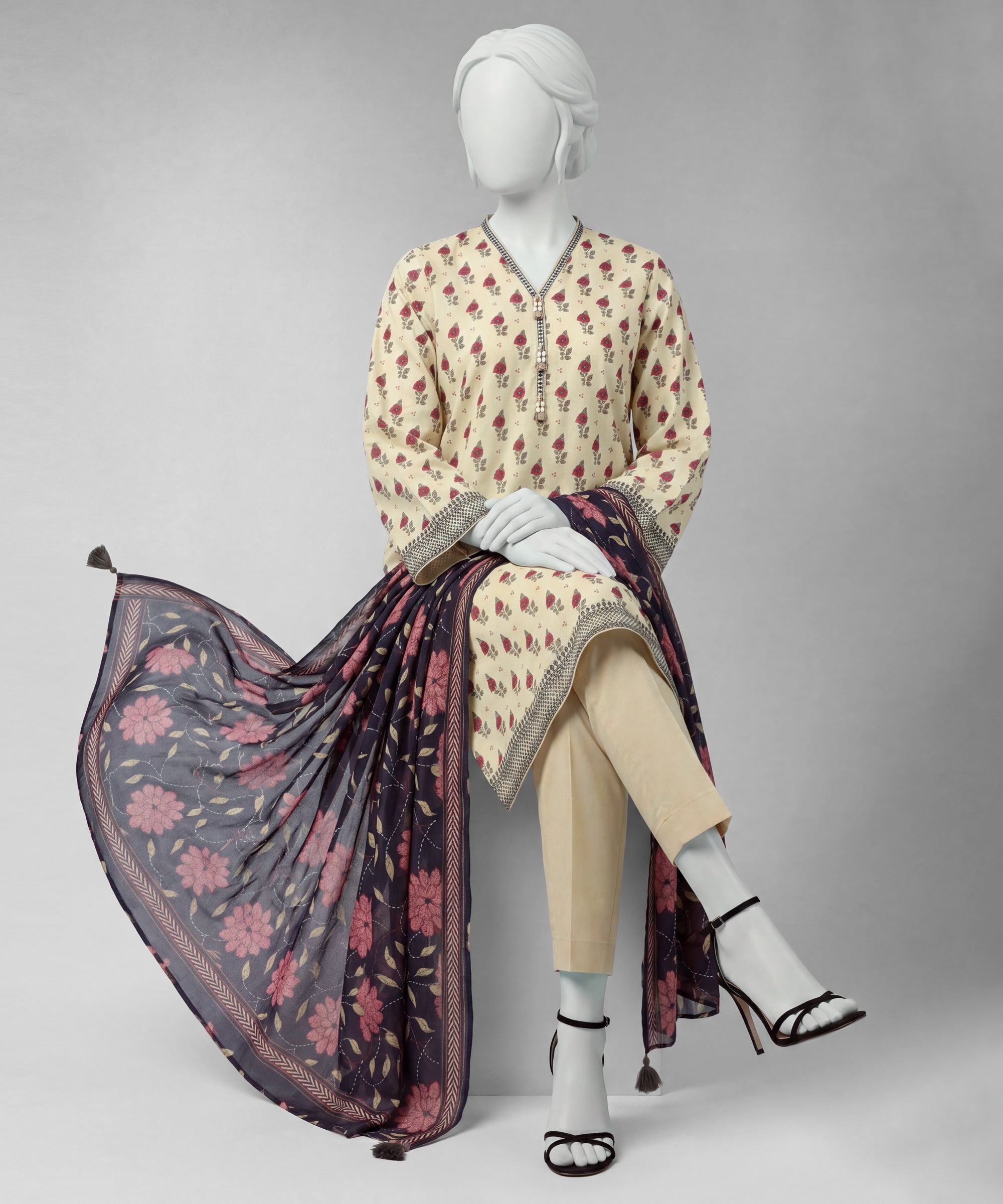 Beige Lawn Printed Unstitched 3Pc