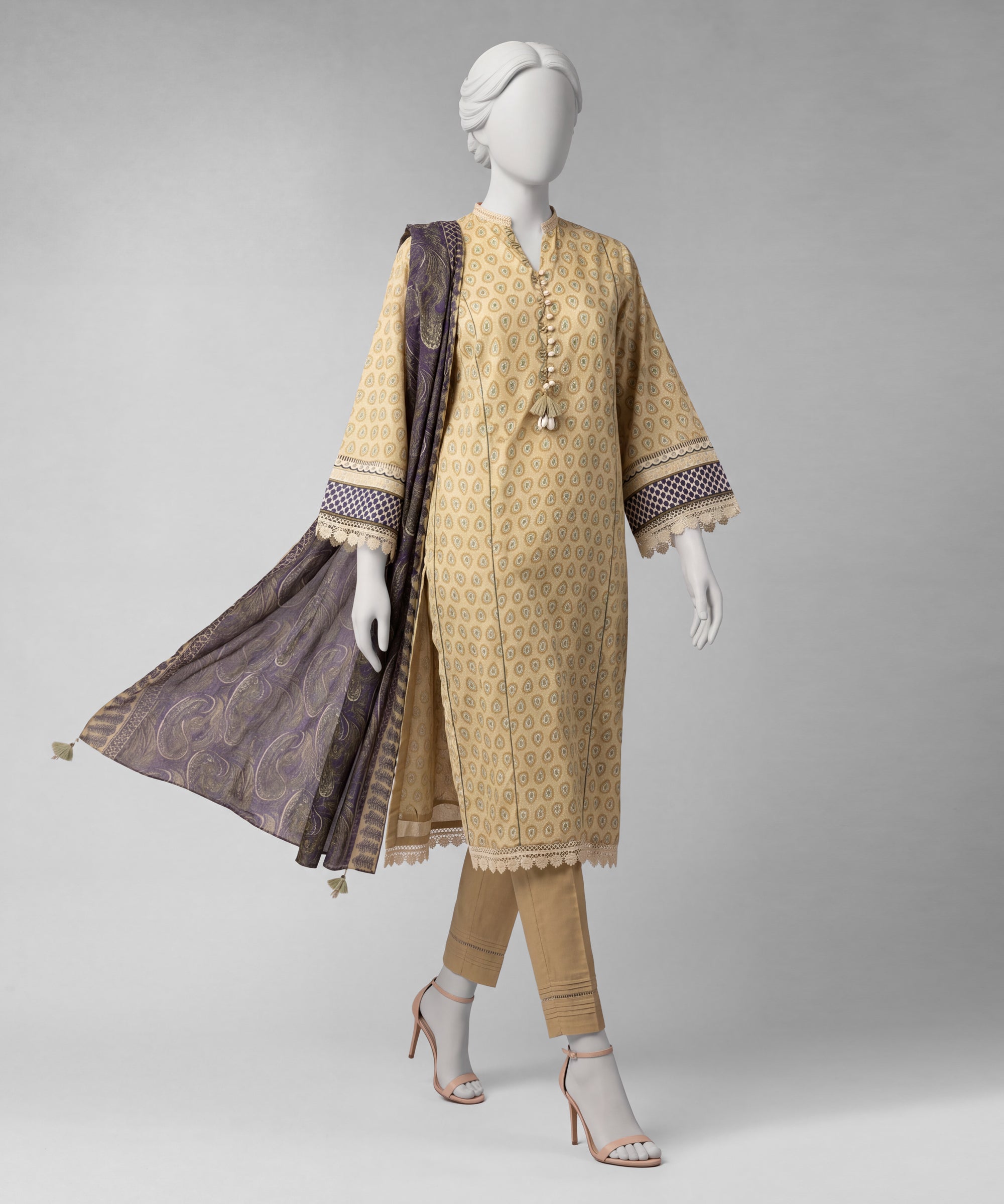 Beige Lawn Printed Unstitched 3Pc