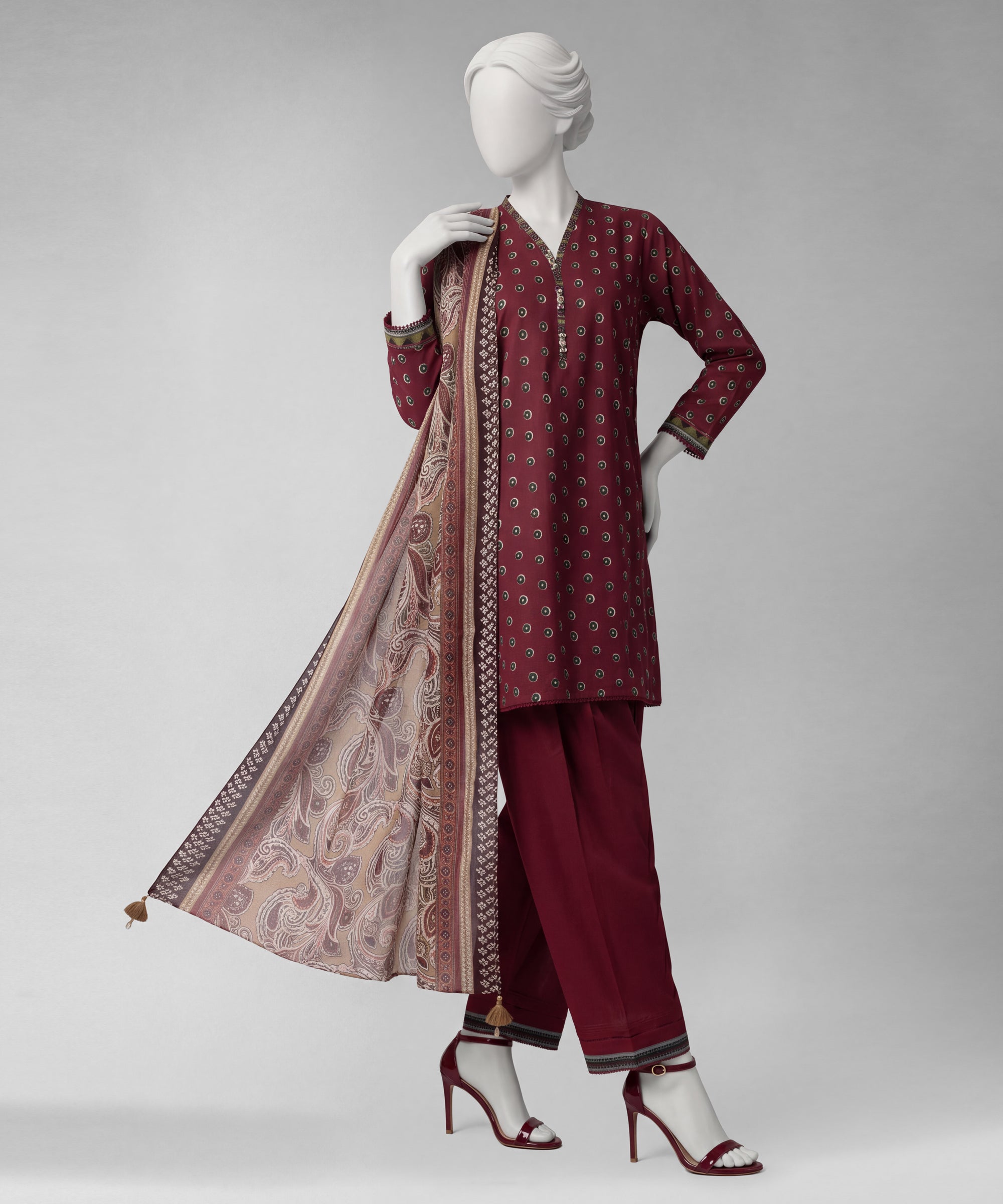 Maroon Lawn Printed Unstitched 3Pc
