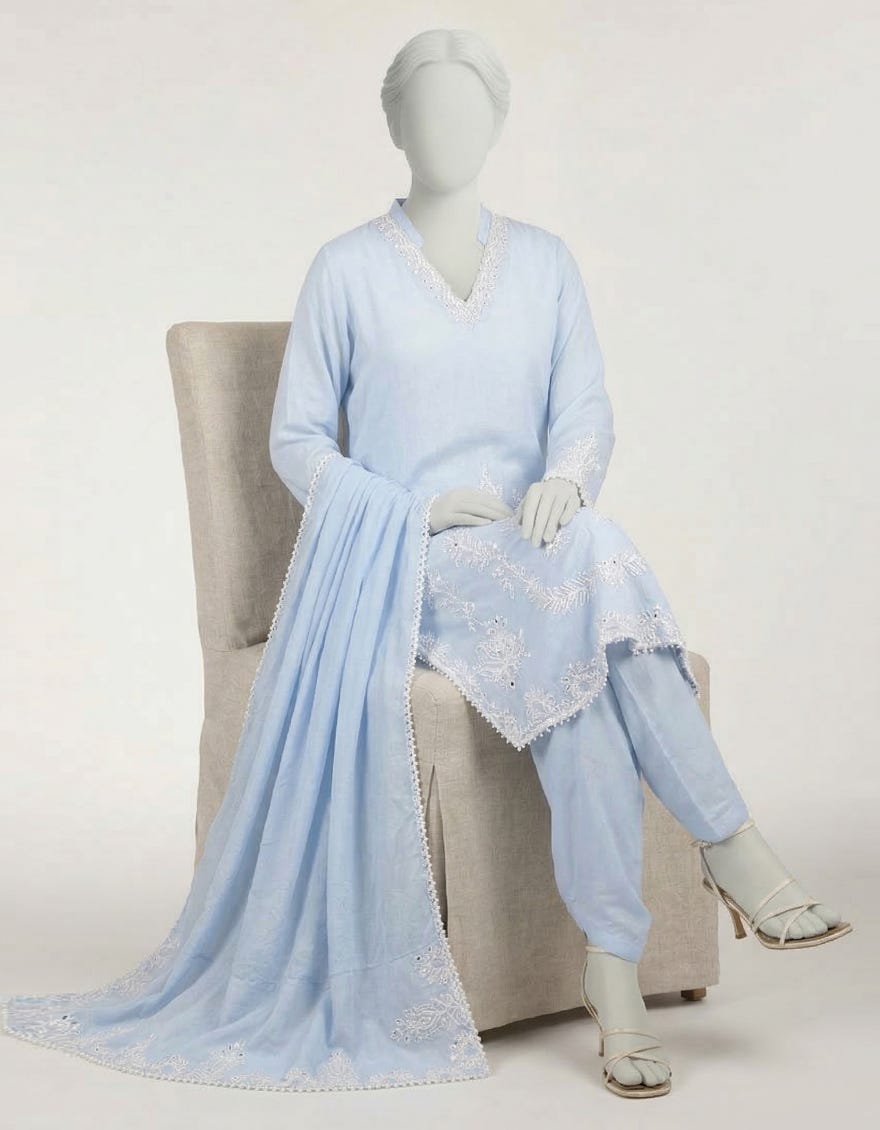 BLUE LAWN EMBROIDERED STITCHED 3PC