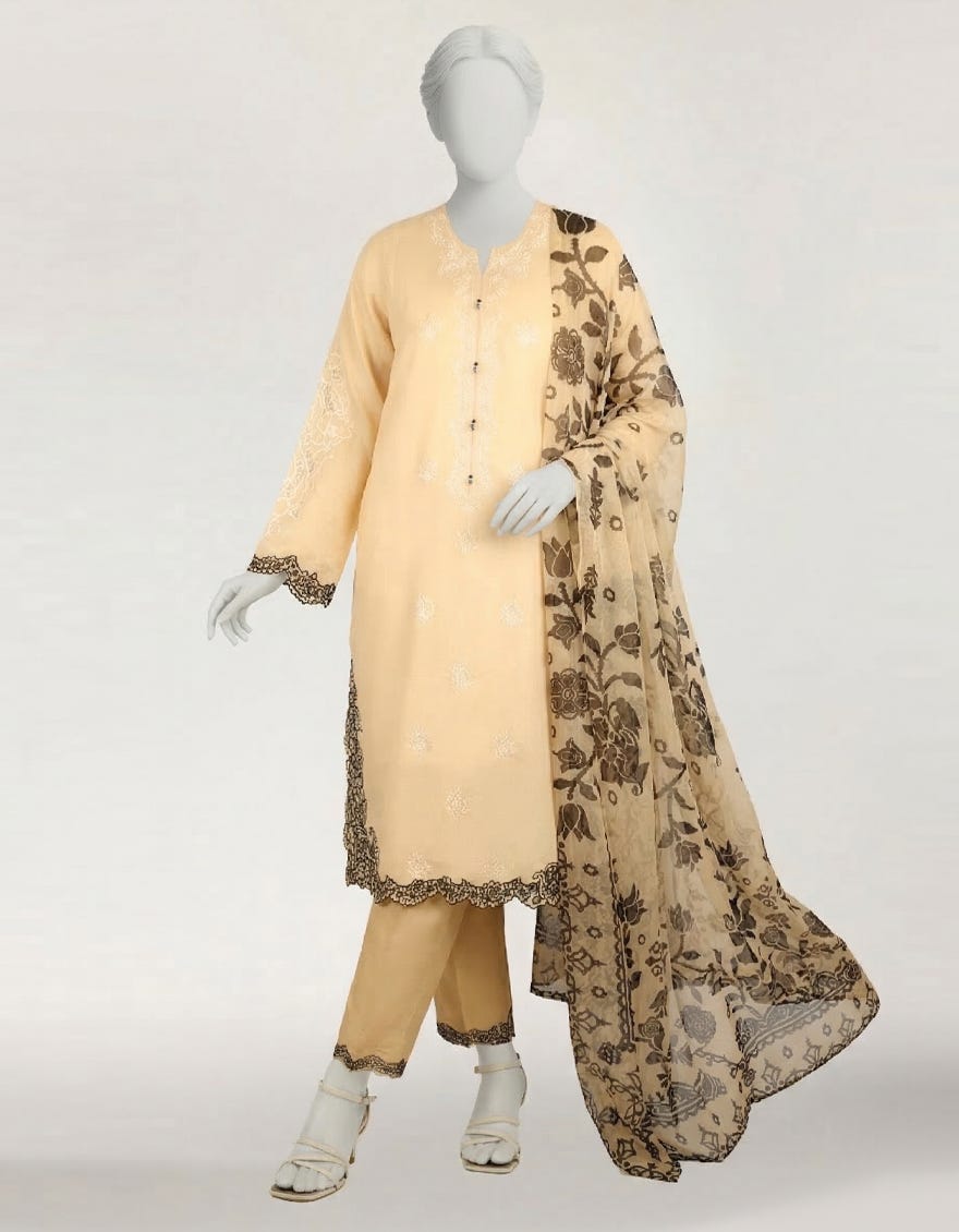 BEIGE LAWN EMBROIDERED STITCHED 3PC