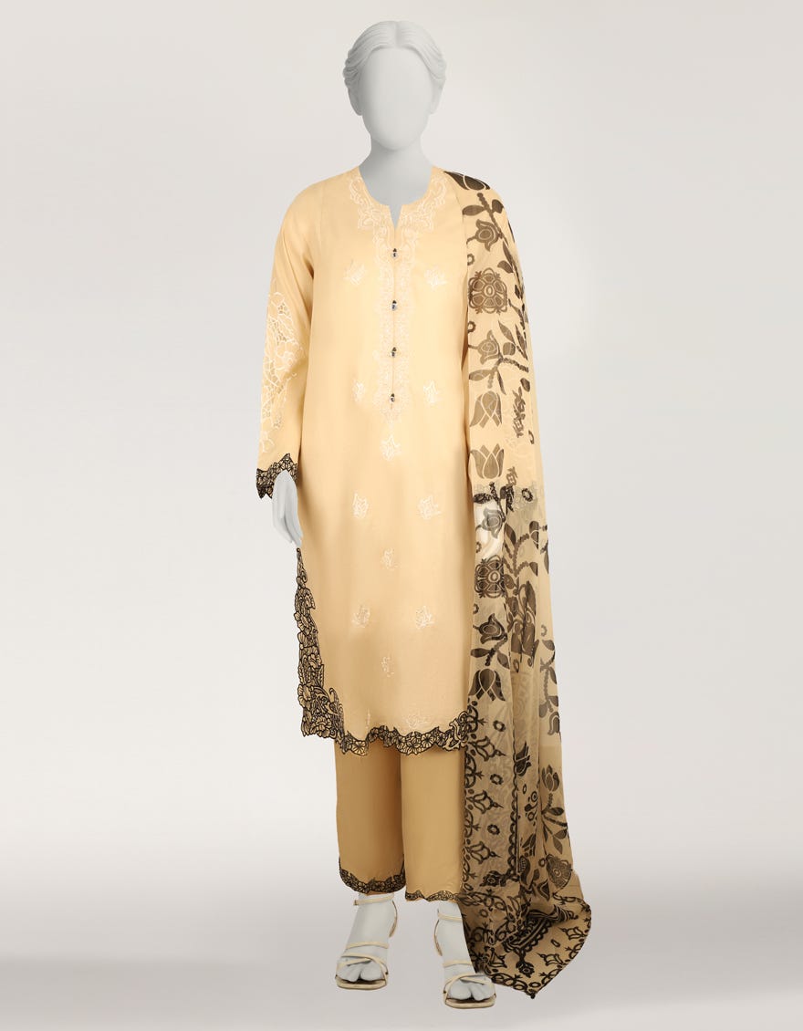 BEIGE LAWN EMBROIDERED STITCHED 3PC
