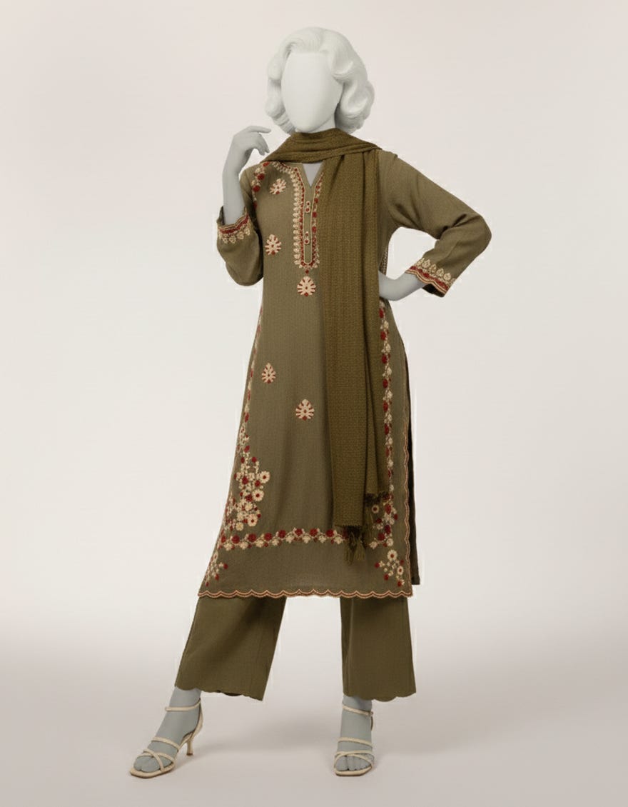 GREEN DOBBY EMBROIDERED STITCHED 3PC