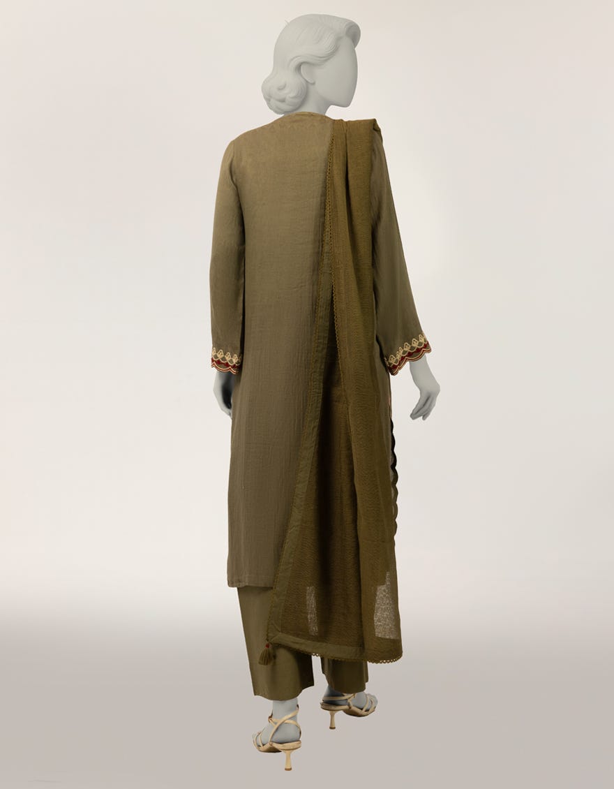 GREEN DOBBY EMBROIDERED STITCHED 3PC