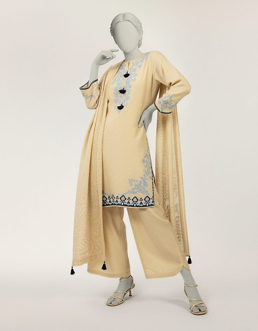 BEIGE DOBBY EMBROIDERED STITCHED 3PC
