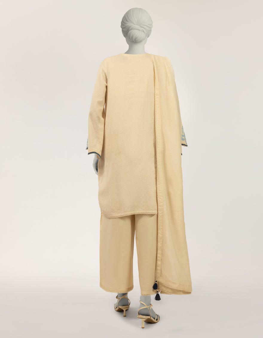 BEIGE DOBBY EMBROIDERED STITCHED 3PC