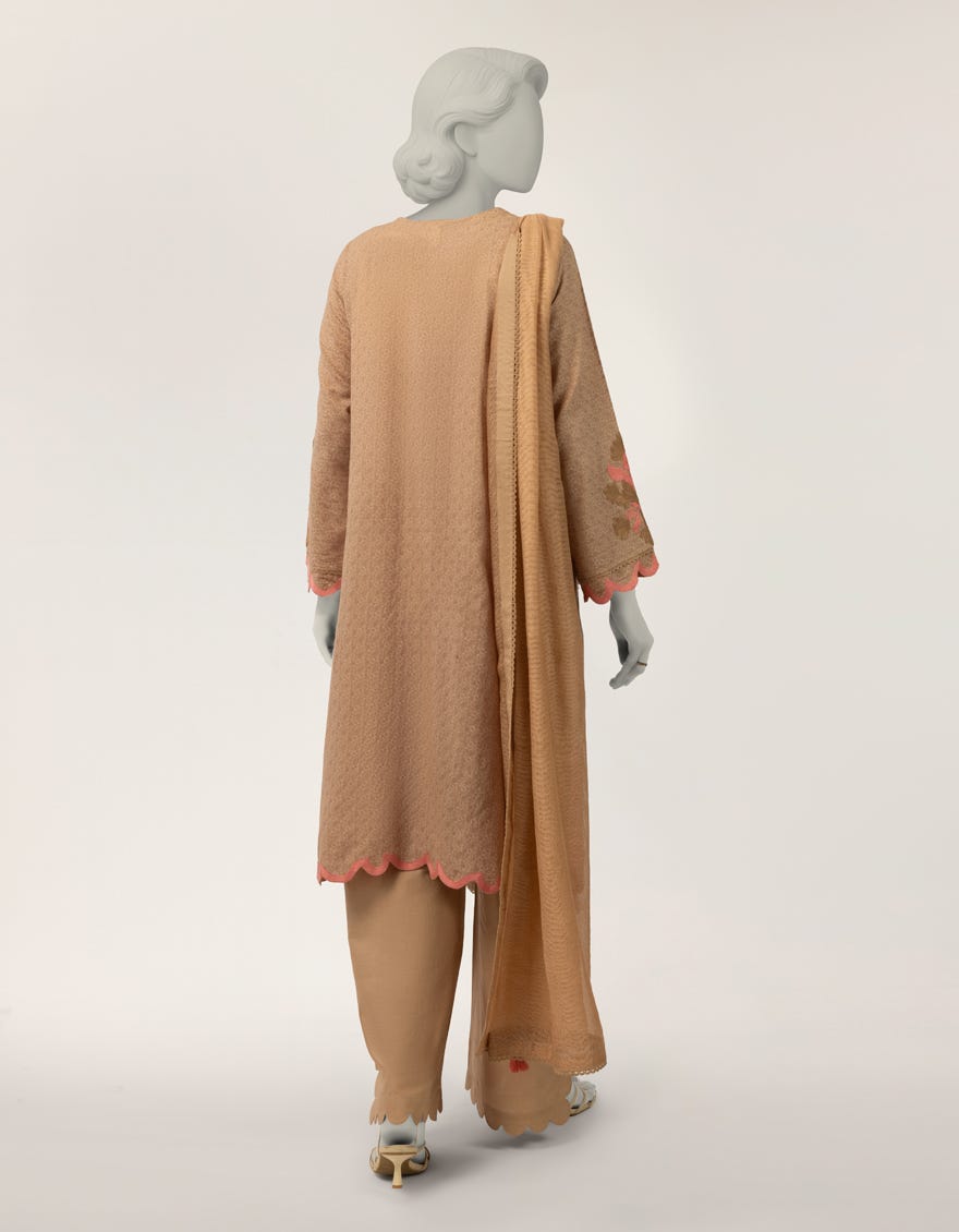 BROWN DOBBY EMBROIDERED STITCHED 3PC