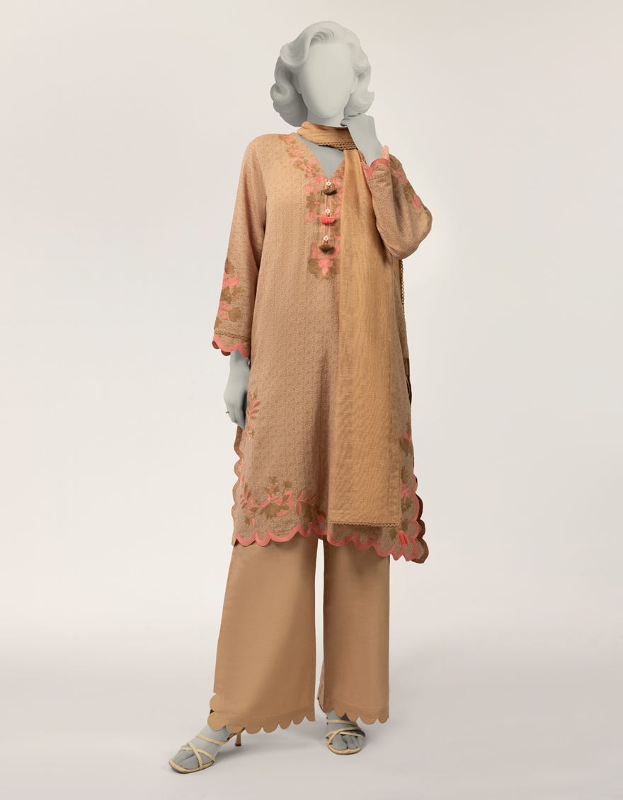 BROWN DOBBY EMBROIDERED STITCHED 3PC
