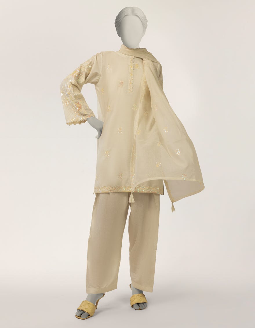 OFF WHITE COTTON SILK EMBROIDERED STITCHED 3PC