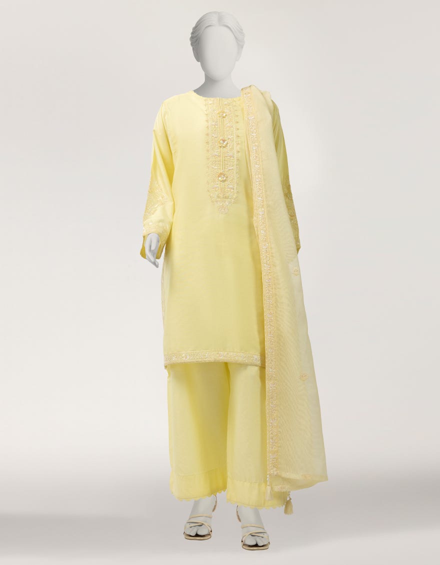 YELLOW COTTON SILK EMBROIDERED STITCHED 3PC