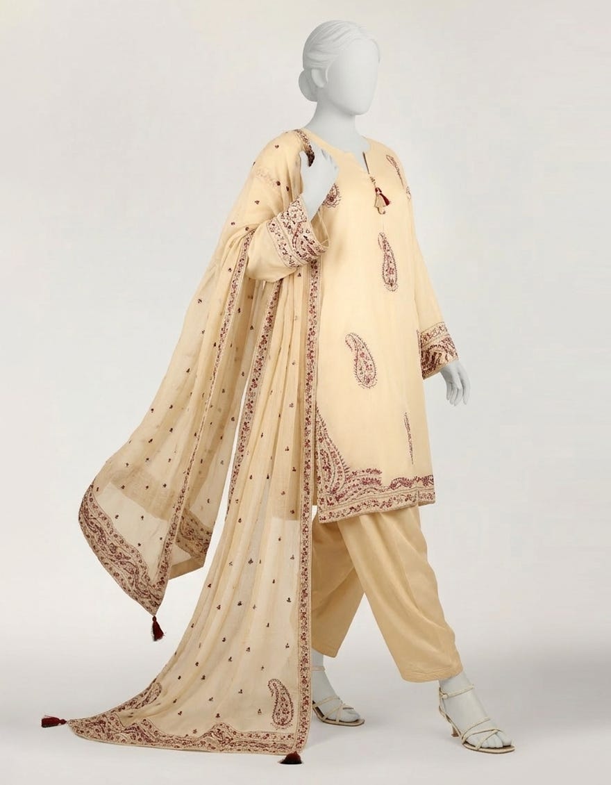 BEIGE LAWN EMBROIDERED STITCHED 3PC