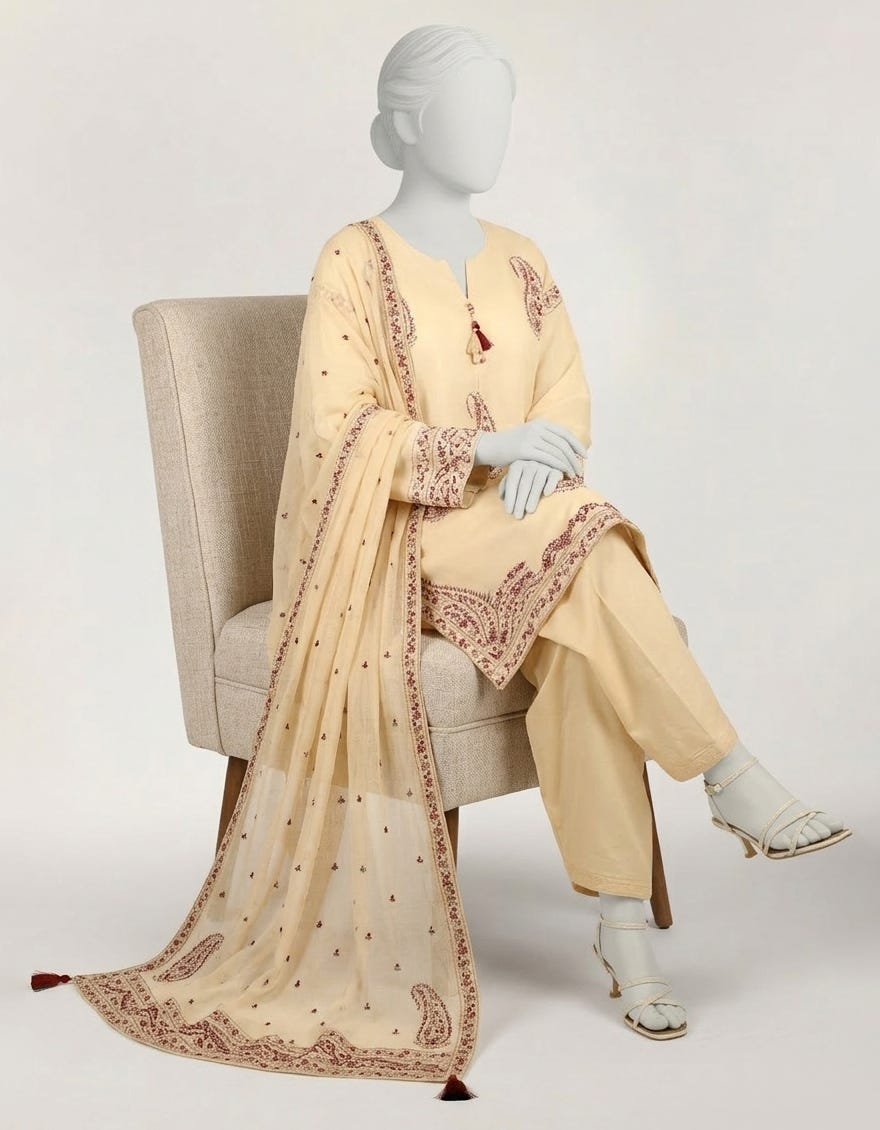 BEIGE LAWN EMBROIDERED STITCHED 3PC