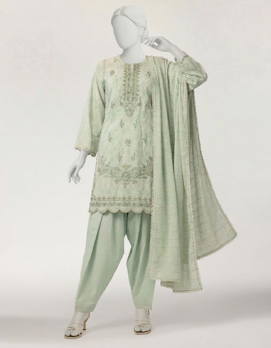 GREEN DOBBY EMBROIDERED STITCHED 3PC