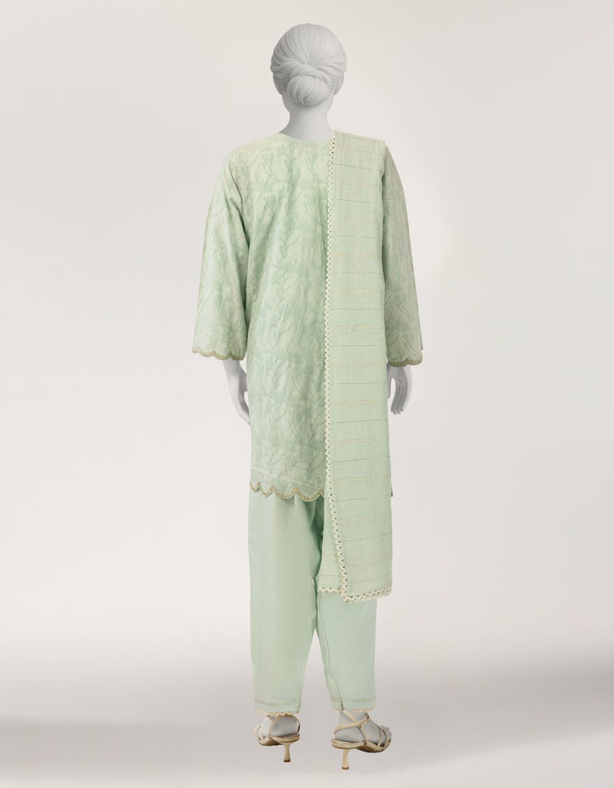 GREEN DOBBY EMBROIDERED STITCHED 3PC