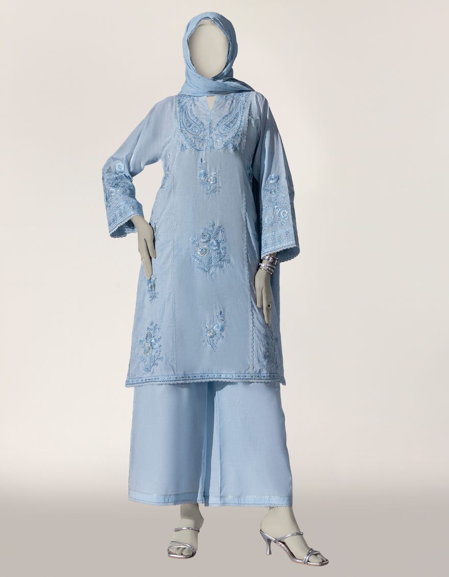 BLUE DOBBY EMBROIDERED STITCHED 3PC