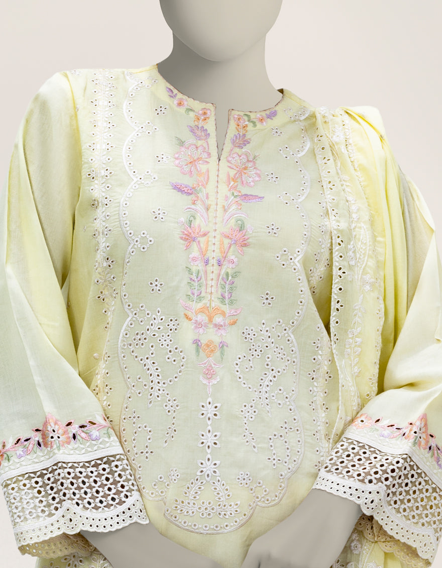 YELLOW LAWN SCHIFFLI STITCHED 3PC