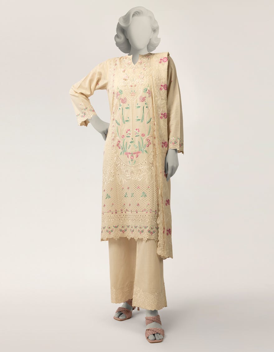 BEIGE LAWN SCHIFFLI STITCHED 3PC