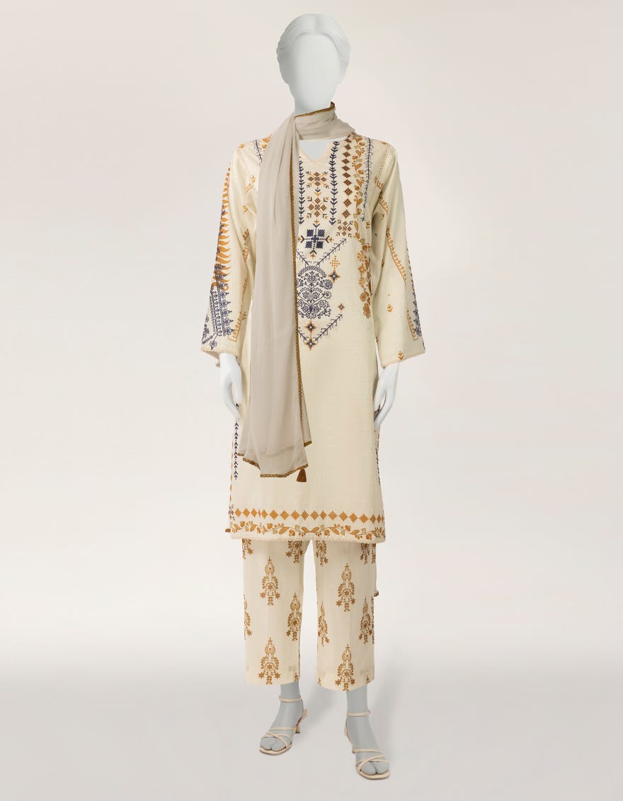 OFF WHITE LAWN DIGITAL PRINTED STITCHED 3PC