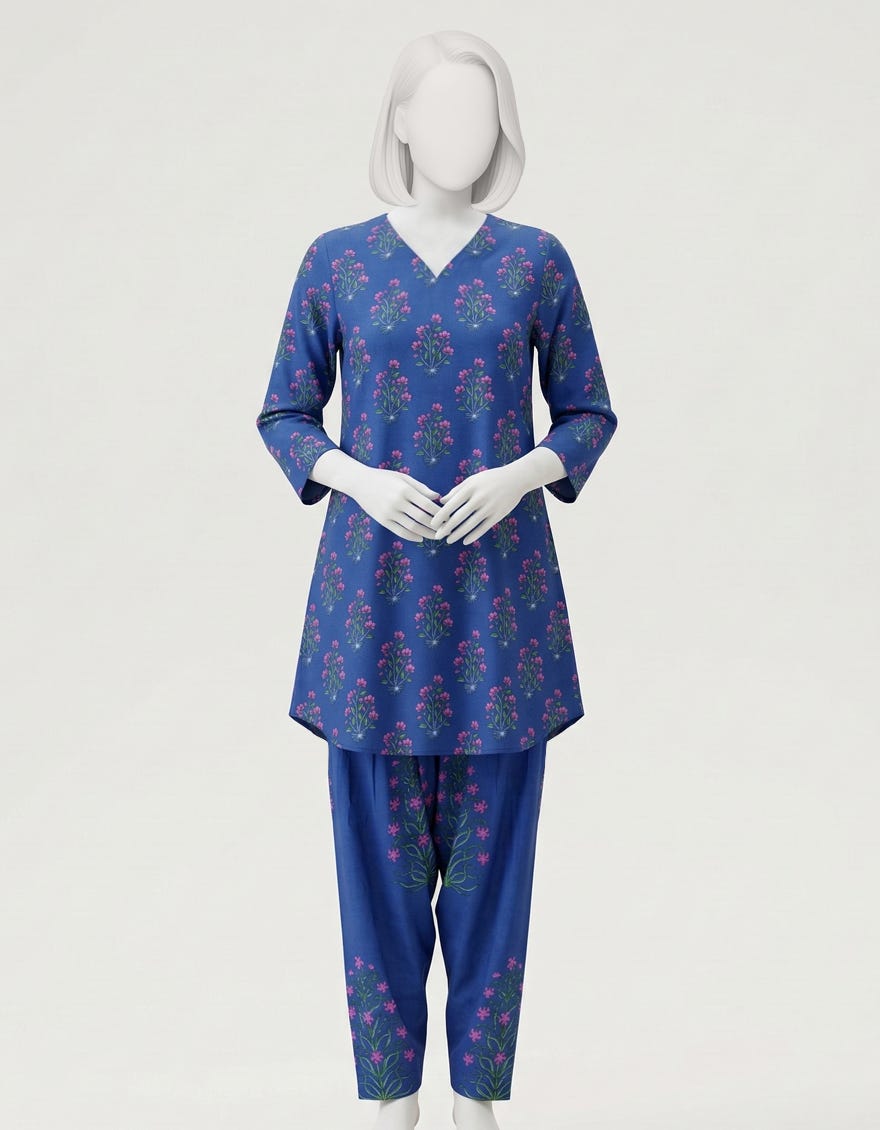 BLUE LAWN PRINTED 2PC STITCHED