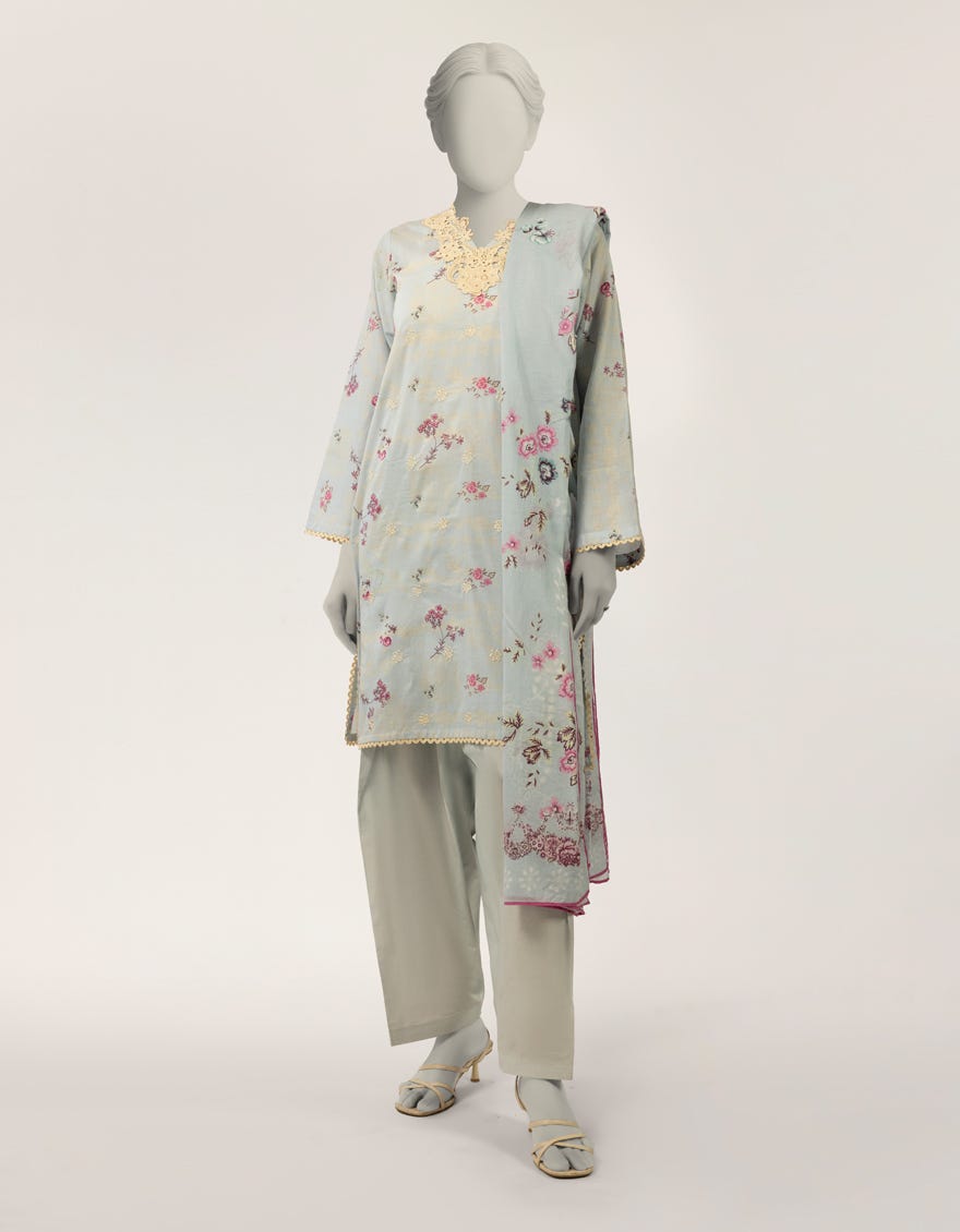BLUE LAWN EMBROIDERED STITCHED 3PC