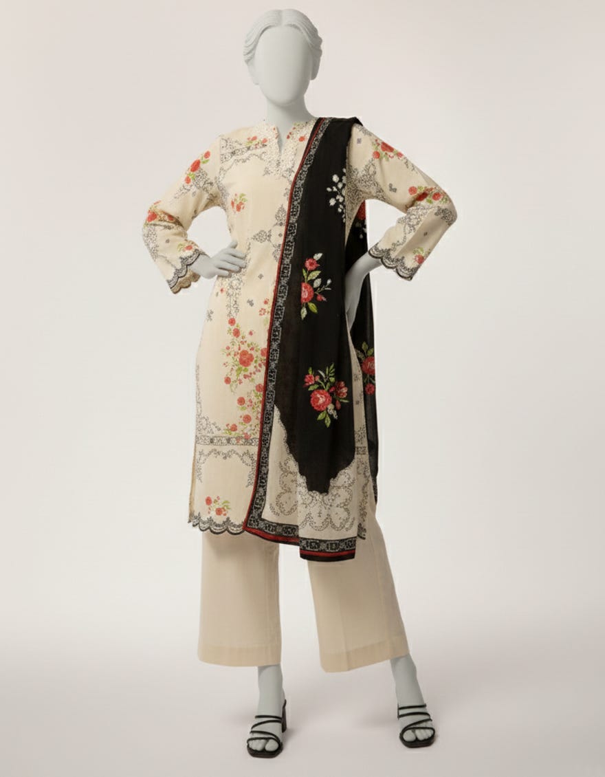 WHITE LAWN EMBROIDERED STITCHED 3PC