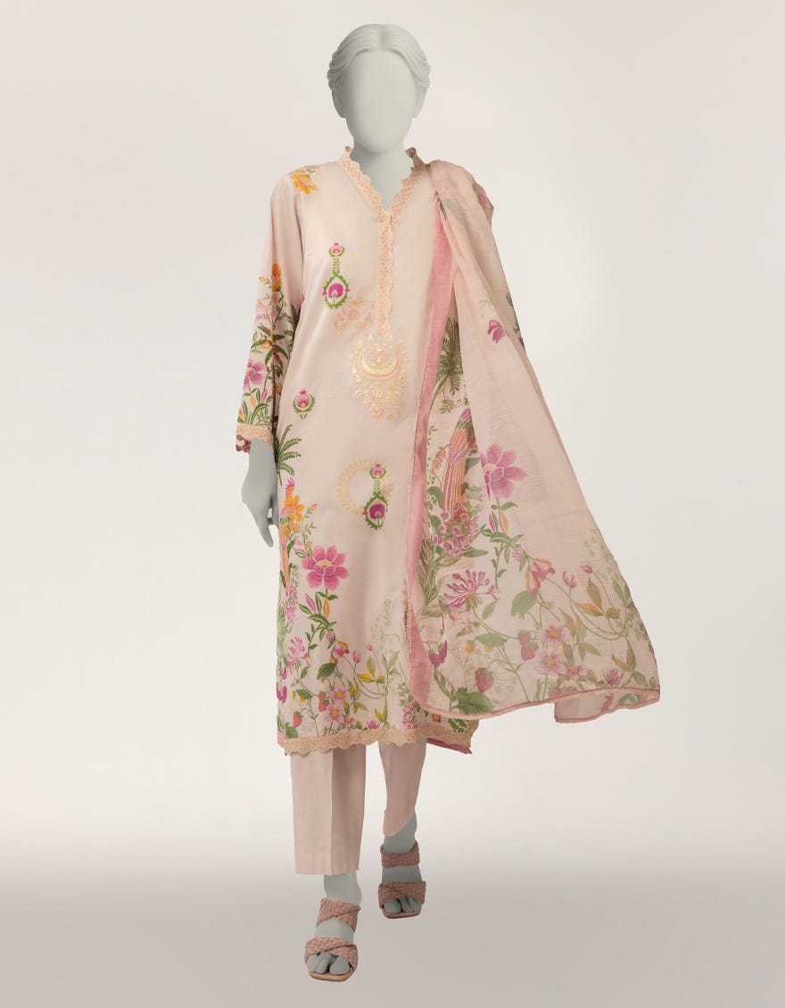 PINK LAWN EMBROIDERED STITCHED 3PC