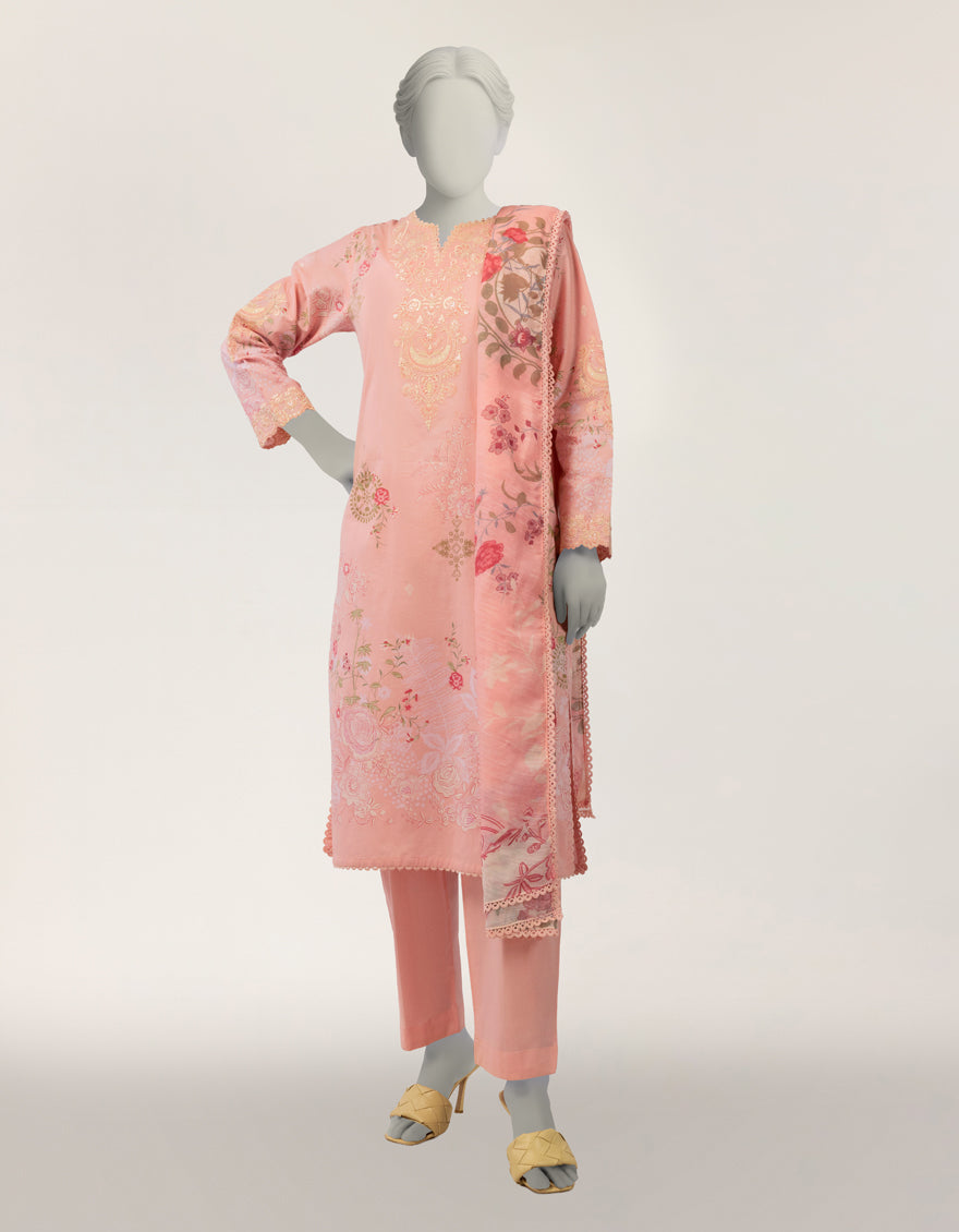 PINK LAWN EMBROIDERED STITCHED 3PC
