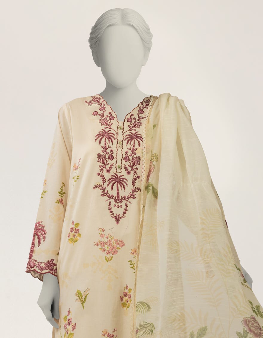 OFF WHITE LAWN EMBROIDERED STITCHED 3PC