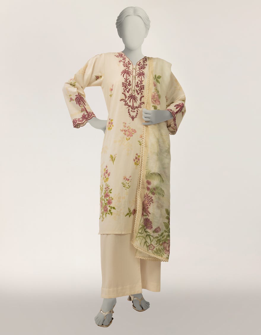OFF WHITE LAWN EMBROIDERED STITCHED 3PC