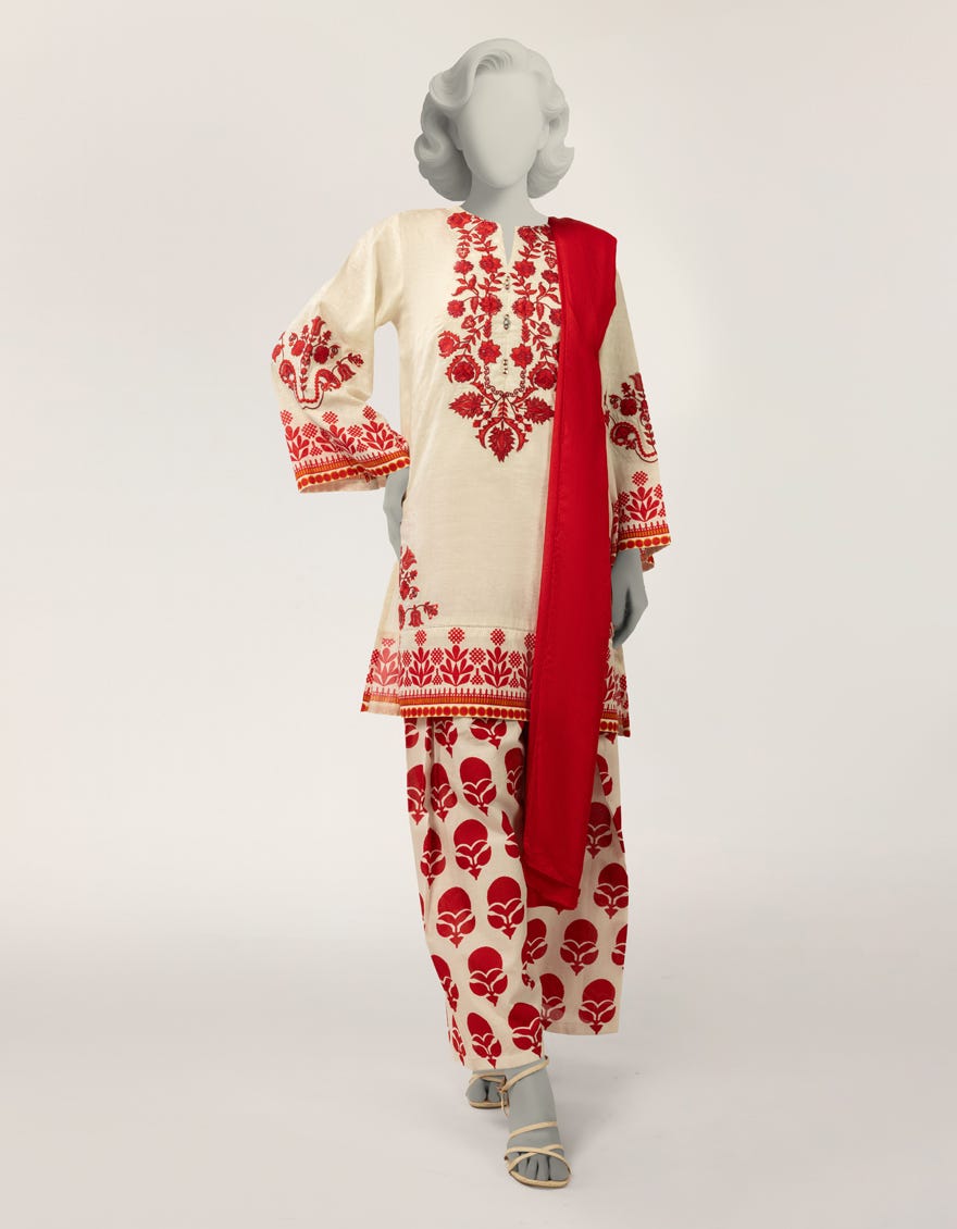 WHITE DOBBY EMBROIDERED STITCHED 3PC