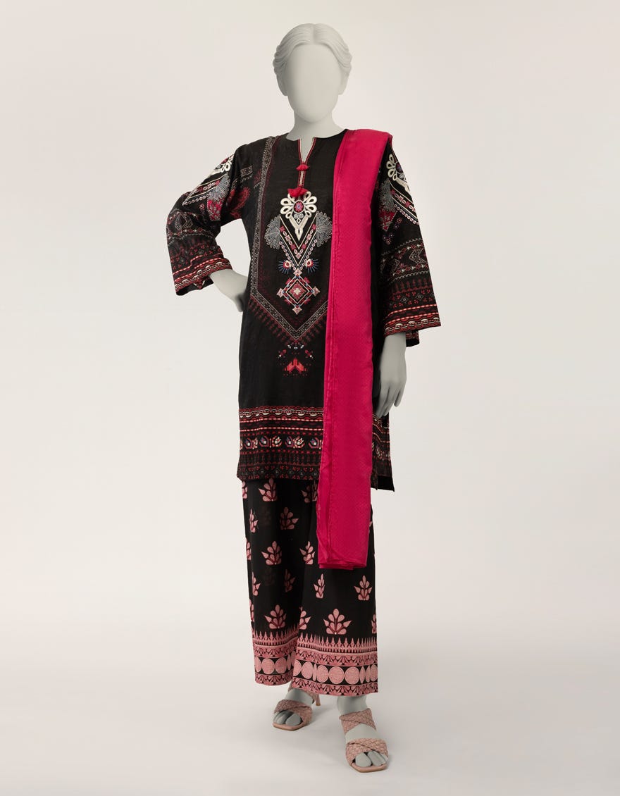 BLACK DOBBY EMBROIDERED STITCHED 3PC