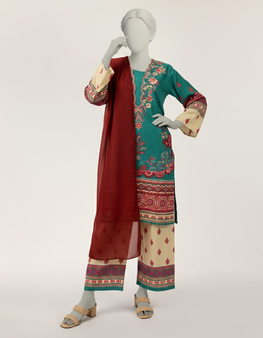 GREEN DOBBY EMBROIDERED STITCHED 3PC