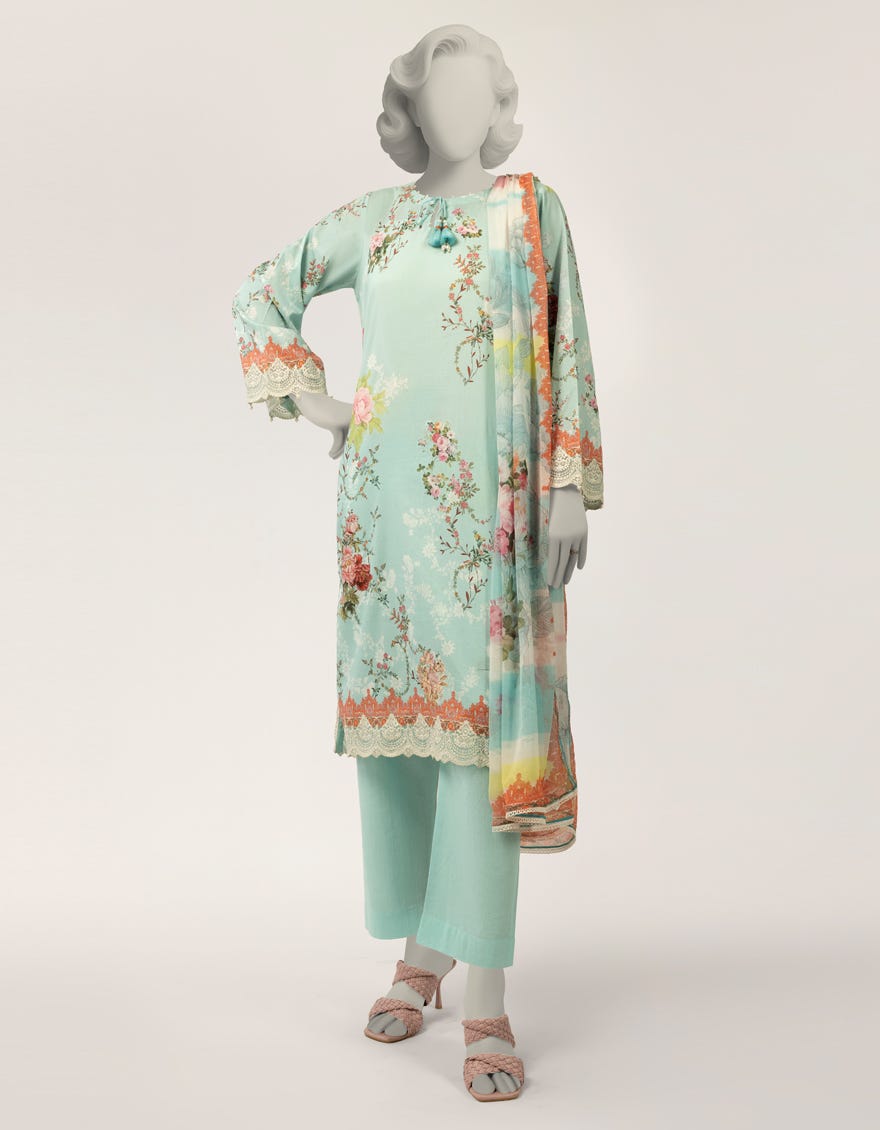 BLUE LAWN EMBROIDERED STITCHED 3PC