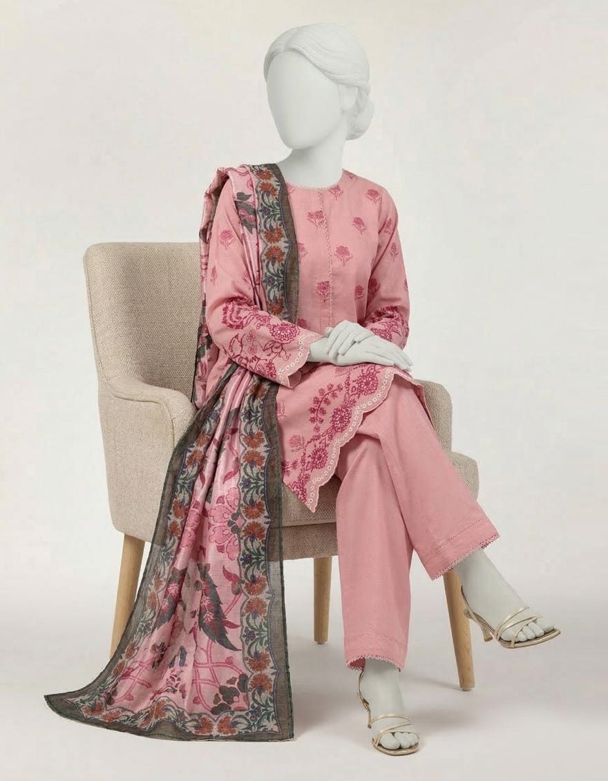 PINK LAWN EMBROIDERED STITCHED 3PC
