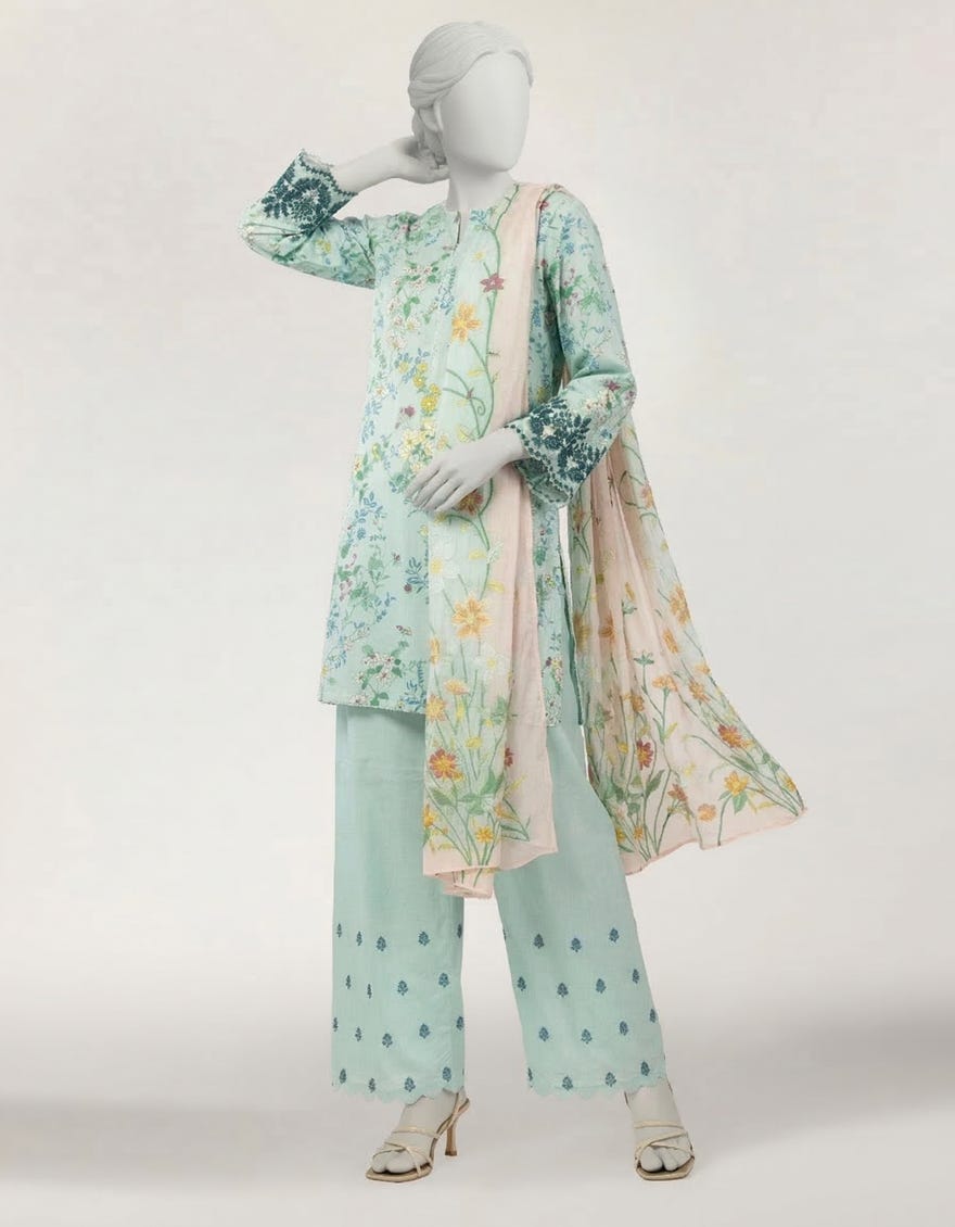 BLUE LAWN EMBROIDERED STITCHED 3PC