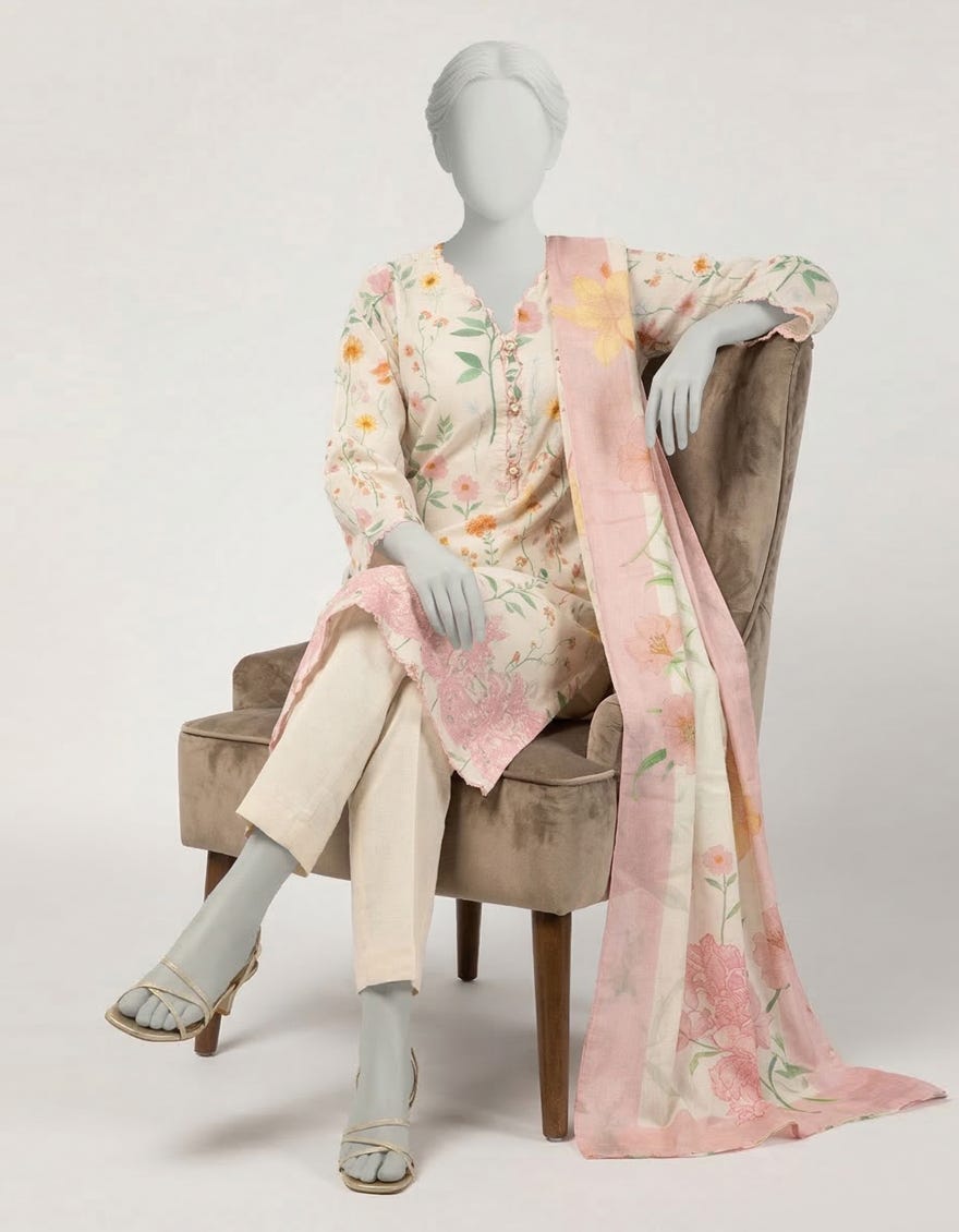 OFF WHITE LAWN EMBROIDERED STITCHED 3PC