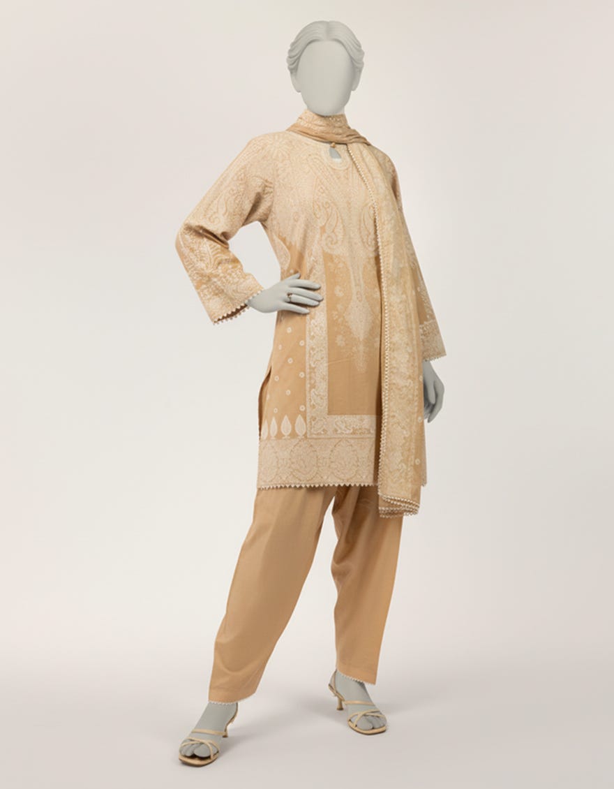 BEIGE LAWN EMBROIDERED STITCHED 3PC
